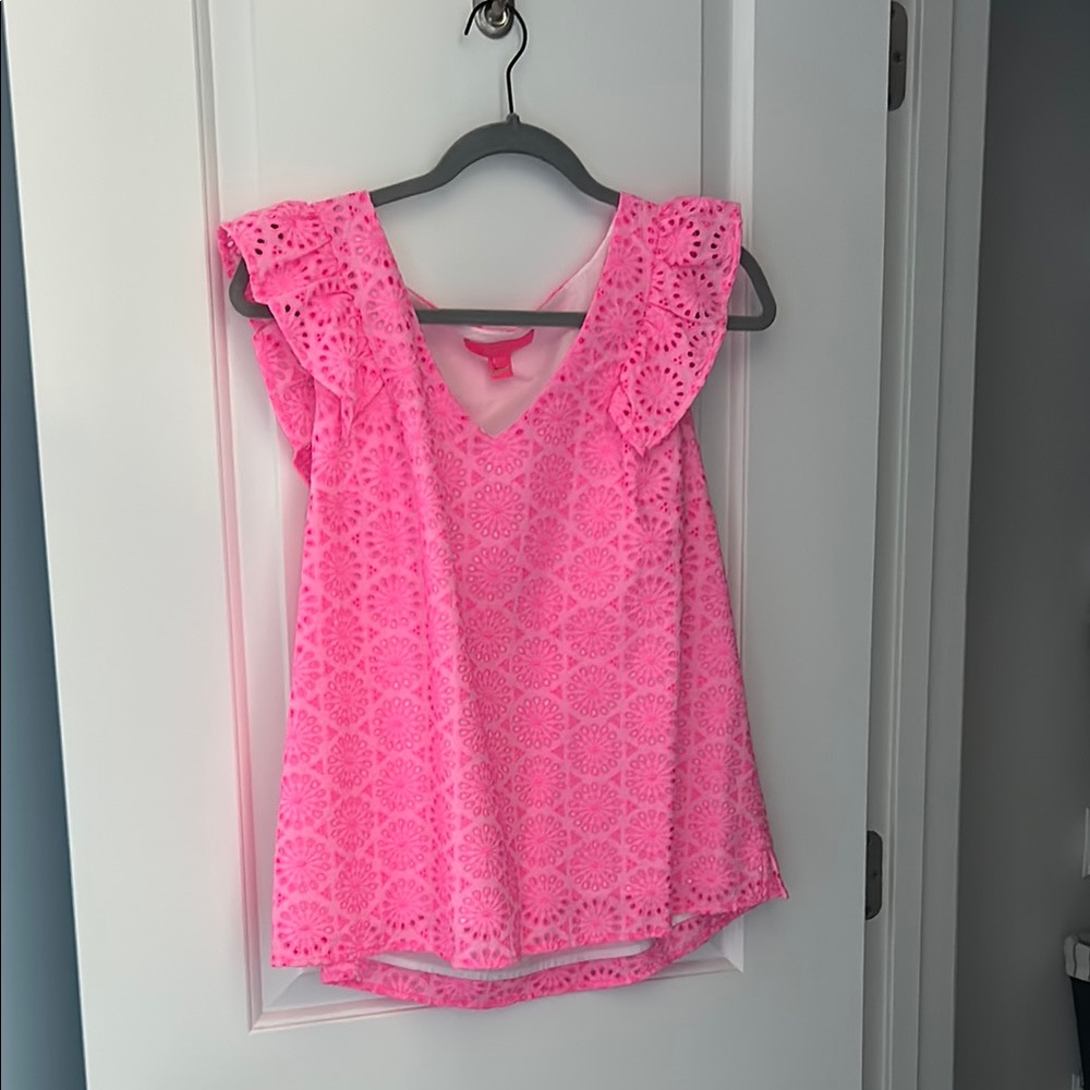 Lilly Pulitzer Vibrant Pink Ruffled Eyelet Sleeveless Top